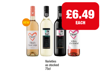 I Heart Pinot Grigio, White Zinfandal, Hardy's Bin 161 Pinot Grigio, Shiraz - Now Only £6.49 at Family Shopper