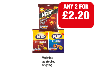 KP Original Dry Roasted Peanuts, Original Salted, McCoy's Flame Grilled Steak - Any 2 for £2.20 at Family Shopper