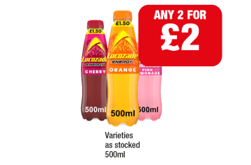 Lucozade Energy Cherry, Orange, Zero Sugar Pink Lemonade - Any 2 for £2 at Family Shopper