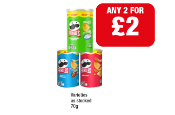 Pringles Small Tub Sour Cream & Onion, Salt & Vinegar, Original - Any 2 for £2 at Family Shopper
