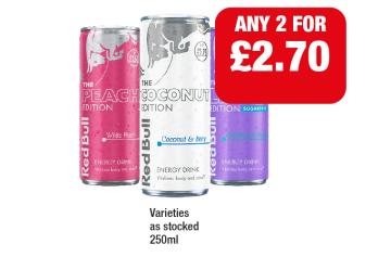 Red Bull Peach Edition, Coconut, Lilac - Any 2 for £2.70 at Family Shopper