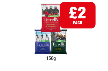 Tyrrells Sweet Chilli & Red Pepper, Lightly Salted, Sea Salt & Vinegar - Now Only £2 at Family Shopper