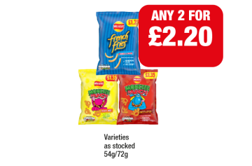 Walkers French Fries, Monster Munch Roast Beef, Sweet & Spicy - Any 2 for £2.20 at Family Shopper