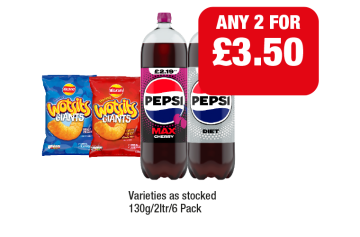 Wotsits Giants Cheesy, Sweet & Spicy, Pepsi Diet, Max Cherry - Any 2 for £3.50 at Family Shopper
