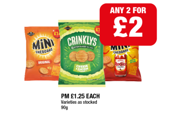Mini Cheddars Original, Red Hot, Crinkly's Cheese & Onion - Any 2 for £2 at Family Shopper