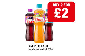Ribena Blackcurrant, No Sugar, Passion Fruit - Any 2 for £2 at Family Shopper