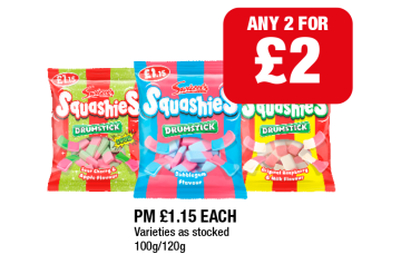 Squashies Original, Bubblegum, Sour Cherry & Apple - Any 2 for £2 at Family Shopper