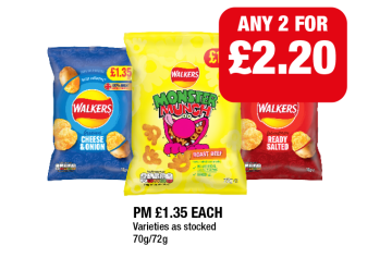 Walkers Cheese & Onion, Ready Salted, Monster Munch Roast Beef - Any 2 for £2.20 at Family Shopper