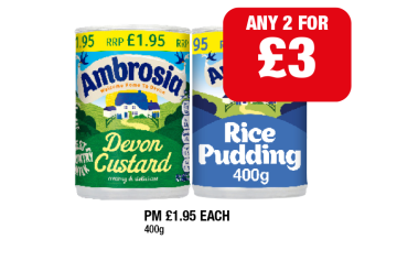 Ambrosia Devon Custard, Rice Pudding - Any 2 for £3 at Family Shopper