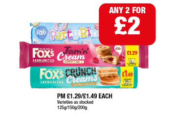 Party Rings, Fox's Jam 'N' Cream, Crunch Creams - Any 2 for £2 at Family Shopper