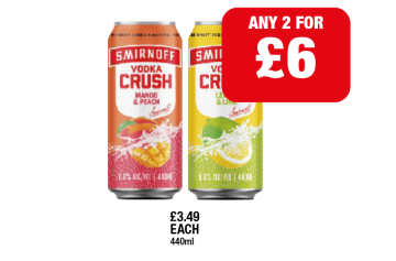 Smirnoff Vodka Crush Mango & Peach, Lemon & Lime - Any 2 for £6 at Family Shopper