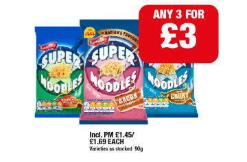 Super Noodles Chicken & Mushroom, Bacon, Curry - Any 3 for £3 at Family Shopper