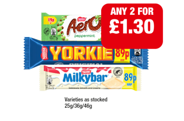 Aero Peppermint, Yorkie, Milkybar - Any 2 for £1.30 at Premier
