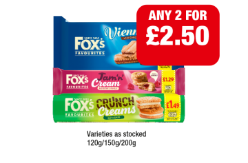 Fox's Viennese Biscuits, Jam 'N' Cream, Crunch Creams - Any 2 for £2.50 at Premier