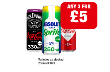 Jack Daniels Coca Cola, Absolut Vodka Sprite, Bacardi Coca Cola - Any 3 for £5 at Premier