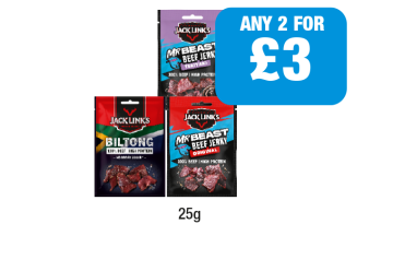 Jack's Links Mr Beast Beef Jerky Original, Teriyaki, Biltong - Any 2 for £3 at Premier