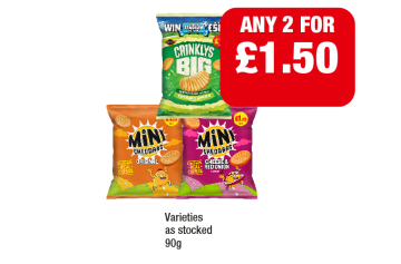 Mini Cheddars Original, Cheese & Onion, Crinklys Big Cheese & Onion - Any 2 for £1.50 at Premier