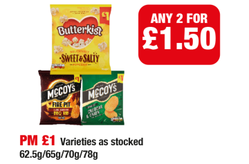 Butterkist Sweet & Salty Popcorn, McCoy's Fire Pit BBQ Rib, Cheddar & Onion - PM £1 - Any 2 for £1.50 at Family Shopper
