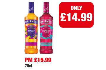 Smirnoff Mango & Passionfruit Twist, Raspberry Crush - Was PM £15.99 - Now only £14.99 each at Family Shopper