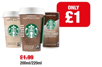 Starbucks Caffe Latte, Cappuccino, Doubleshot Espresso - Was £1.99 - Now only £1 each at Family Shopper