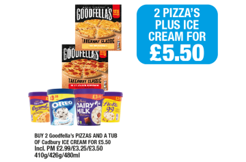 Goodfella's Takeaway Classic The Big Cheese Pizza, Fully Loaded Pepperoni Pizza, Dairy Milk Caramel, Oreo, Dairy Milk, Flake 99 - 2 Pizzas + Ice Cream for £5.50 at Family Shopper