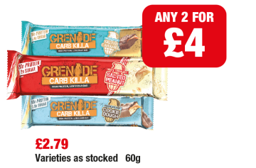 Grenade Carb Killa Salted Caramel Bar, Salted Peanut Bar, Cookie Dough Bar - Any 2 for £4 at Family Shopper