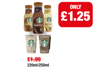 Starbucks Frappuccino Coffee, Mocha, Vanilla, Caffe Latte, Cappuccino - Was £1.99 - Now only £1.25 each at Family Shopper