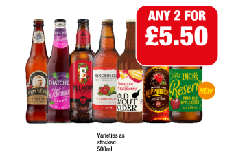 Henry Westons Vintage Cider, Thatchers Apple & Blackcurrant, Bulmers, Rekorderlig, Old Mout Cider, Kopparberg, Inch's Reserve - Any 2 for £5.50 at Family Shopper