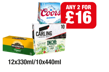Coors, Carling Original Lager, Inch's Medium Apple Cider, Magners Original - Any 2 for £16 at Family Shopper