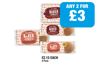 Baker Street Hot Dogs Rolls, Burger Buns, Mega Seeded Burger Buns, Seeded Burger Buns - Any 2 for £3 at Premier