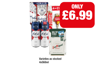 Budweiser, Kronenbourg, Stella Artois, San Miguel - Now Only £6.99 at Premier
