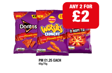 Extra Flamin Hot Doritos, Wotsits Crunchy, Dinamita - Any 2 for £2 at Premier