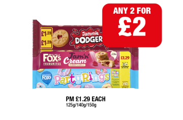 Jammie Dodgers, Fox's Jam 'N' Cream, Party Rings - Any 2 for £2 at Premier