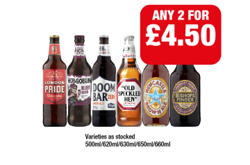 London Pride, Hobgoblin Ruby, Doom Bar, Old Speckled Hen, Newcastle Brown Ale, Bishops Finger - Any 2 for £4.50 at Premier