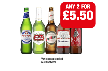 Peroni, Stella Artois, San Miguel, Budweiser, Madri - Any 2 for £5.50 at Premier