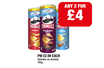 Pringles Original, texas BBQ, Salt & Vinegar - Any 2 for £4 at Premier