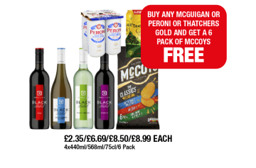 McGuigan Black Label Red, Sauvignon Blanc, Pinot Grigio, Shiraz, Peroni, Thatchers Gold, McCoy's Classics Variety - Now Only Buy Any Bottle Of McGuigan/Peroni/Thatchers Gold And Get A Pack Of McCoys FREE at Family Shopper