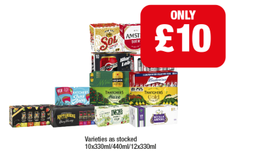 Sol Cerveza, Amstel Bier, Carling Black Label, Carling, Magners, Budweiser, Thatchers Gold, Juicy Apple, Haze, Kopparberg Variety, Berry, Inch's, Stella Artois - Now Only £10 at Family Shopper