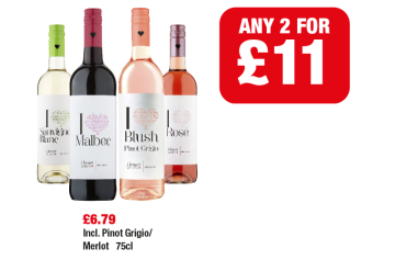 I Heart Sauvignon Blanc, Malbec, Blush Pinot Grigio, Rose - Any 2 for £11 or £6.79 each at Family Shopper 