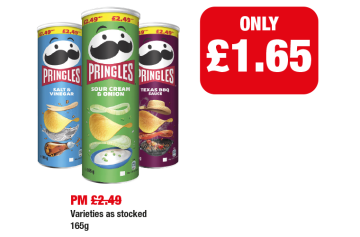 Pringles Salt and Vinegar, Pringles Sour Cream and Onion, Texas BBQ Sauce - Was PM £2.49 - Now only £1.65 each at Family Shopper