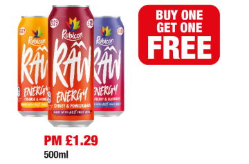 Rubicon Energy Orange and Mango, Cherry and Pomegranate, Raspberry and Blueberry - PM £1.29 - Buy one Get one FREE at Family Shopper