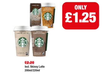 Starbucks Double Shot Espresso, Caramel Macchiato, Caffe Latte, Cappuccino  - Was £2.20 - Now only £1.25 each at Family Shopper