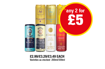 Au Vodka Black Grape Soda, Blue Raspberry, Cherryade, Bombay Sapphire Gin & Tonic, Citrus Collins, Ciroc Colada, Red Berry - Any 2 for £5 at Family Shopper