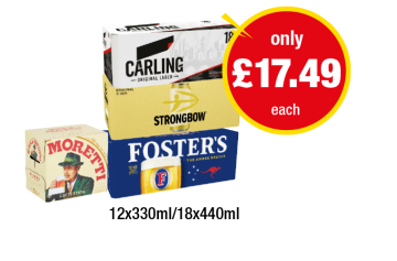 Carling, Strongbow, Foster's, Moretti - Now Only £17.49 at Family Shopper