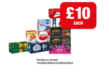 Budweiser, Coors, Stella Artois, Kopparberg Strawberry Variety, Berry Variety, Amstel, Sol, Magners, Poretti, Thatchers Apple & Blackcurrant - Now Only £10 at Family Shopper