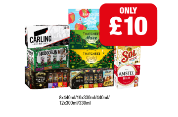 Carling, Hobgoblin Variety, Kopparberg Variety, Strawberry, Thatchers Juicy Apple, Haze, Gold, Coors, Sol Cerveza, Amstel - Now Only £10 at Family Shopper
