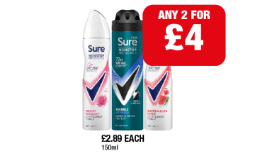 Sure Nonstop Bright Bouquet, Watermelon Fresh, Men Invisible Ice Fresh - Any 2 for £4 at Family Shopper