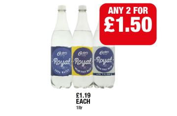 Carters Royal Soda Water, Indian Tonic Water, Low Calorie - Any 2 for £1.50 at Family Shopper