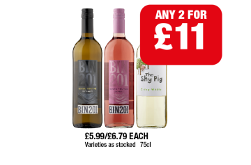 Seven Tenths Bin 201 Zesty White, Juicy Rosé, The Shy Pig Crisp White - Any 2 for £11 at Family Shopper