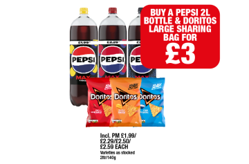 Pepsi Max, Cherry, Mango, Doritos Chilli Heatwave, Tangy Cheese, Cool Original - Buy A Pepsi Bottle & Doritos Large Sharing Bag for £3 at Family Shopper